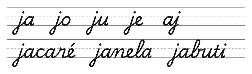 Ligações em letra cursiva com j (ja, jo, ju, je, aj) e palavras para treinar: jacaré, janela, jabuti