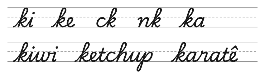 Ligações em letra cursiva com k (ki, ke, ck, nk, ka) e palavras para treinar: kiwi, ketchup, karatê