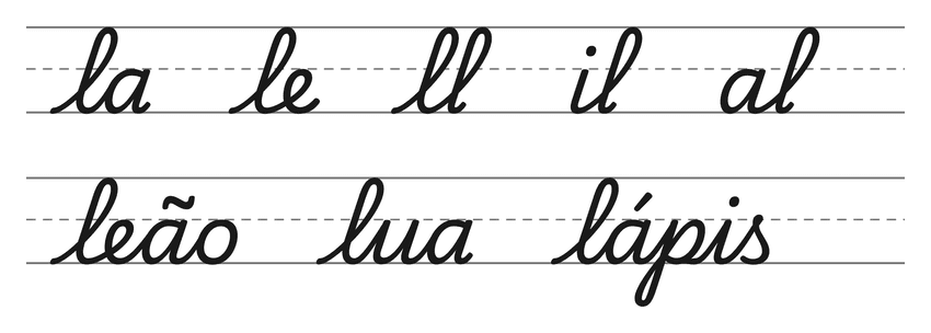Ligações em letra cursiva com l (la, le, ll, il, al) e palavras para treinar: leão, lua, lápis