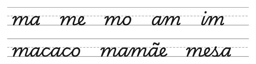 Ligações em letra cursiva com m (ma, me, mo, am, im) e palavras para treinar: macaco, mamãe, mesa