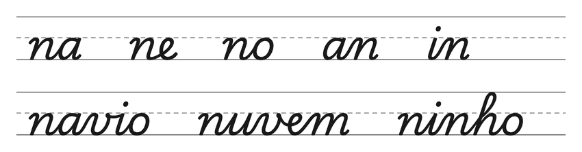 Ligações em letra cursiva com n (na, ne, no, an, in) e palavras para treinar: navio, nuvem, ninho