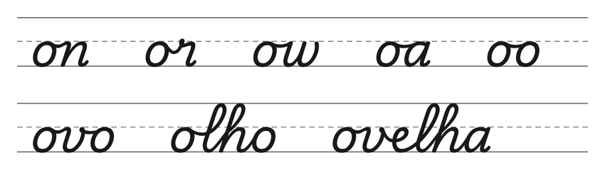 Ligações em letra cursiva com o (on, or, ow, oa, oo) e palavras para treinar: ovo, olho, ovelha
