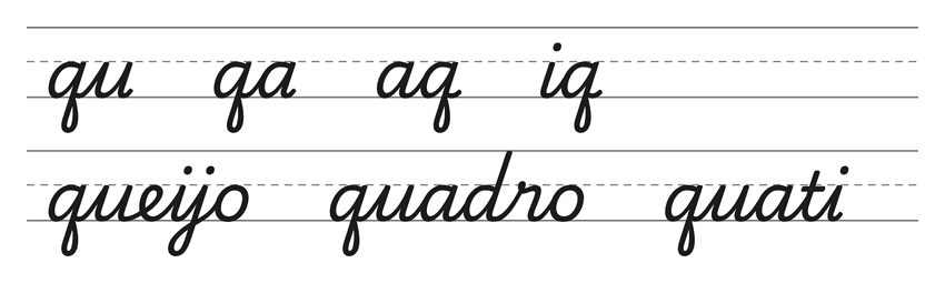 Ligações em letra cursiva com q (qu, qa, aq, iq) e palavras para treinar: queijo, quadro, quati