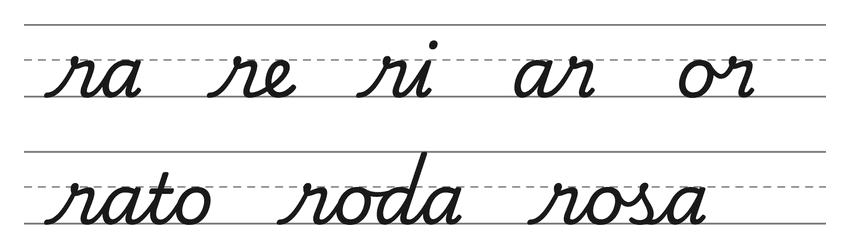 Ligações em letra cursiva com r (ra, re, ri, ar, or) e palavras para treinar: rato, roda, rosa