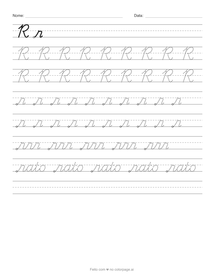 Atividade da letra R cursiva para imprimir, com r maiúsculo e minúsculo para traçar