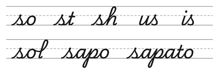Ligações em letra cursiva com s (so, st, sh, us, is) e palavras para treinar: sol, sapo, sapato