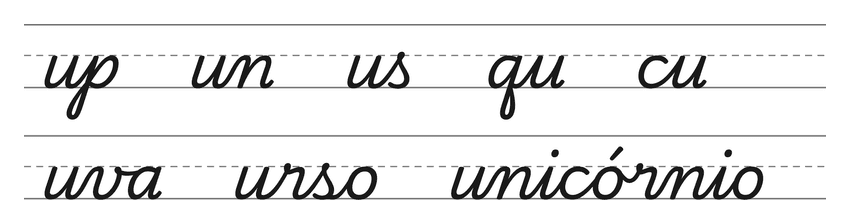 Ligações em letra cursiva com u (up, un, us, qu, cu) e palavras para treinar: uva, urso, unicórnio