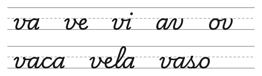 Ligações em letra cursiva com v (va, ve, vi, av, ov) e palavras para treinar: vaca, vela, vaso