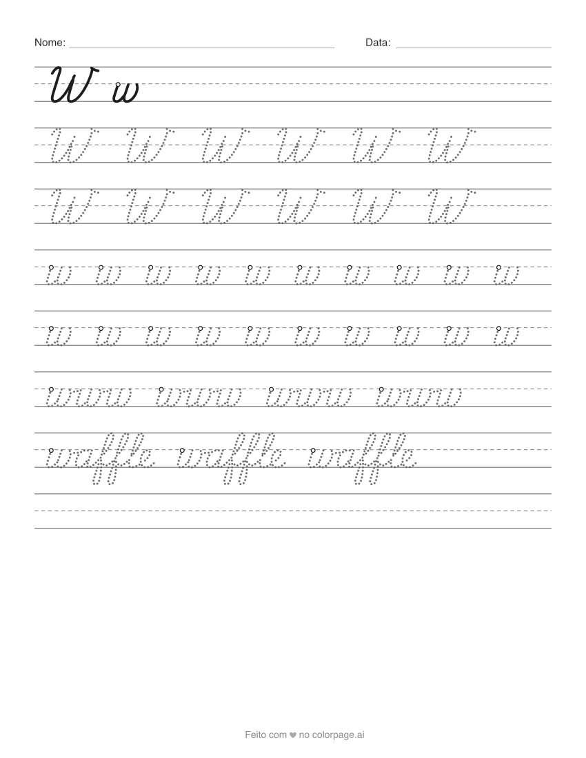 Atividade da letra W cursiva para imprimir, com w maiúsculo e minúsculo para traçar