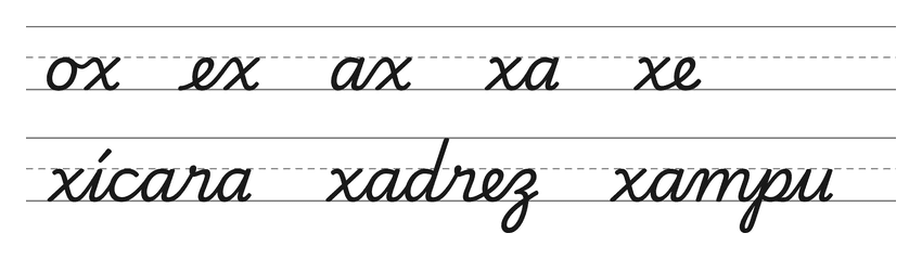 Ligações em letra cursiva com x (ox, ex, ax, xa, xe) e palavras para treinar: xícara, xadrez, xampu