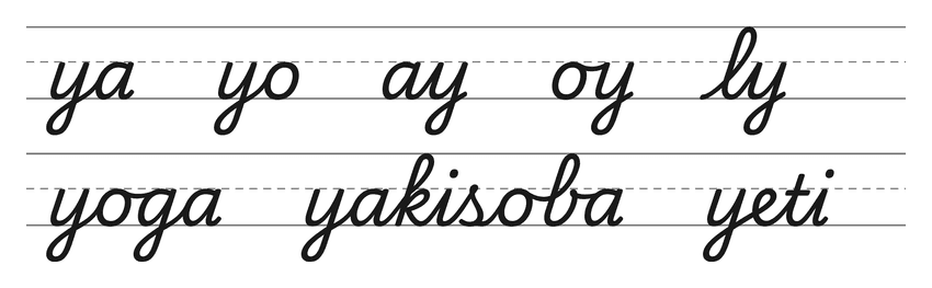 Ligações em letra cursiva com y (ya, yo, ay, oy, ly) e palavras para treinar: yoga, yakisoba, yeti