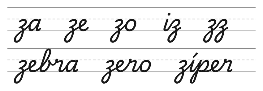 Ligações em letra cursiva com z (za, ze, zo, iz, zz) e palavras para treinar: zebra, zero, zíper