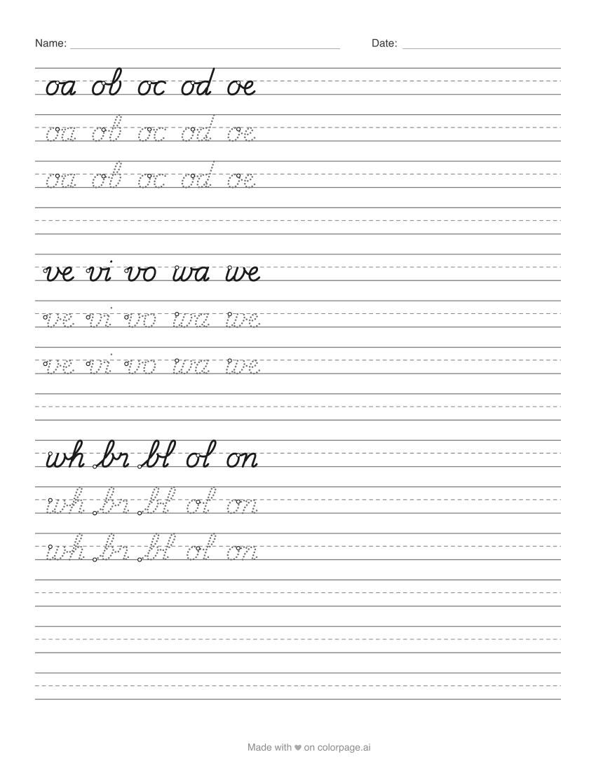 Cursive worksheet practicing common letter joins such as oa, ve and wh in dotted letters