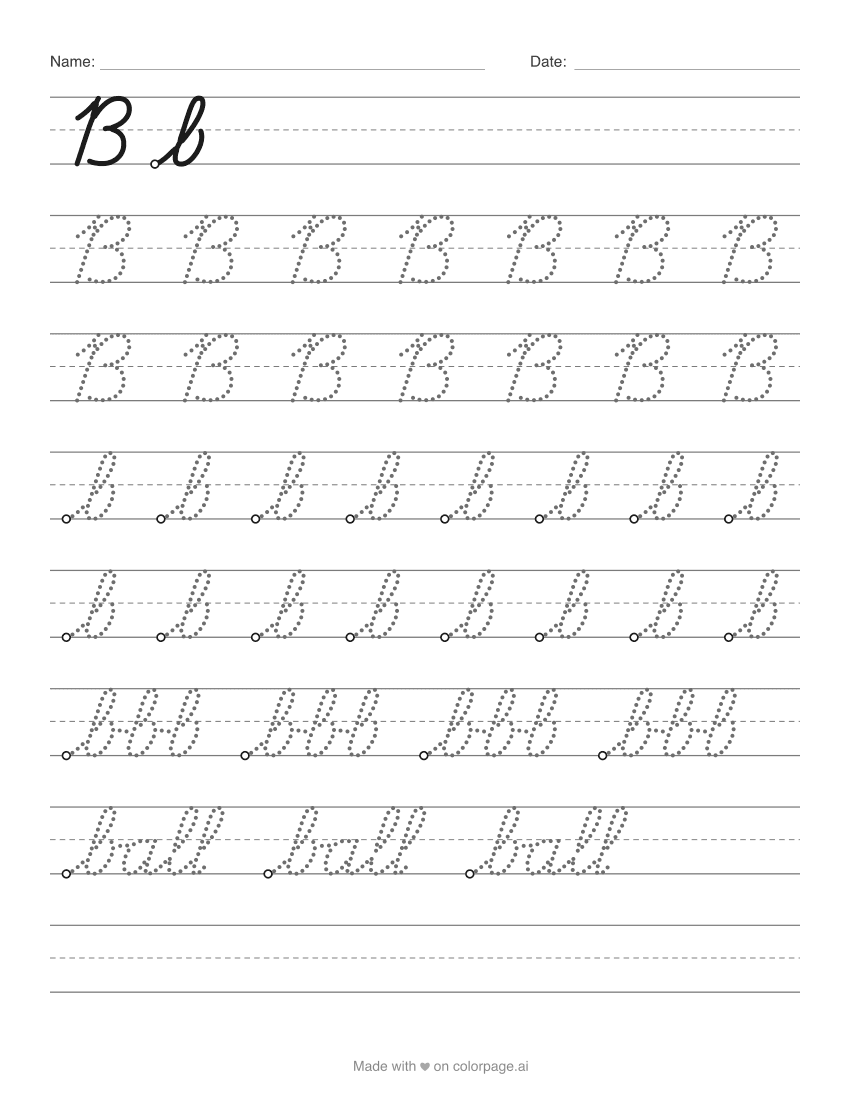 Cursive letter B worksheet with capital and lowercase b, joined bbb and the word ball