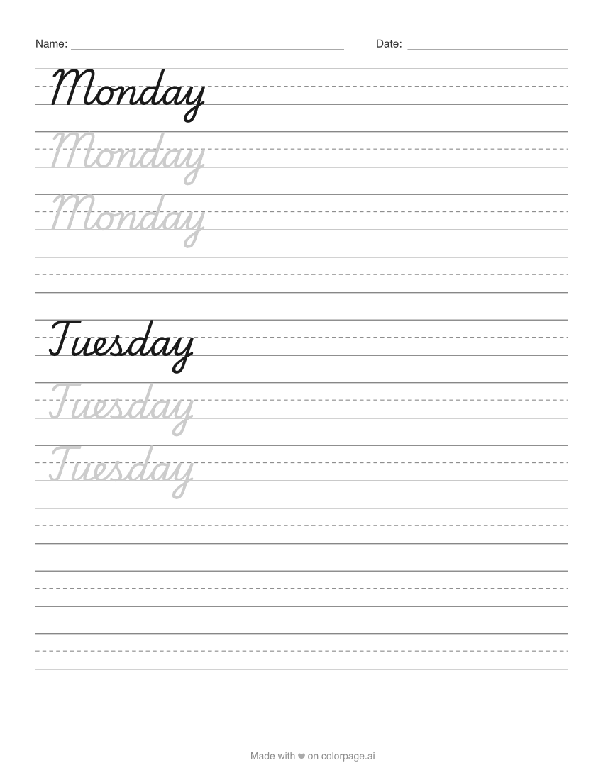 Cursive worksheet with the days of the week in grey cursive letters to trace