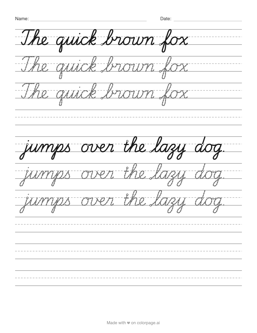 Cursive worksheet with the quick brown fox sentence in dashed cursive letters