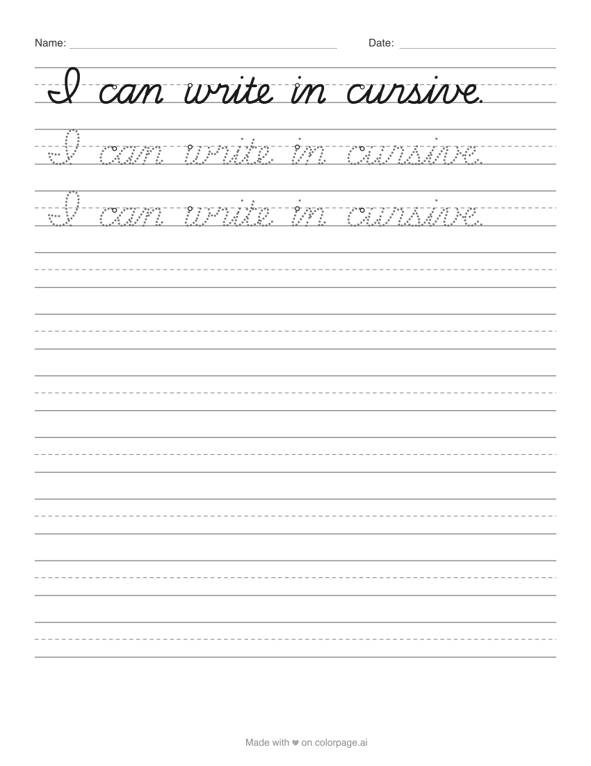 Cursive writing worksheet with the sentence I can write in cursive in dotted letters on handwriting lines