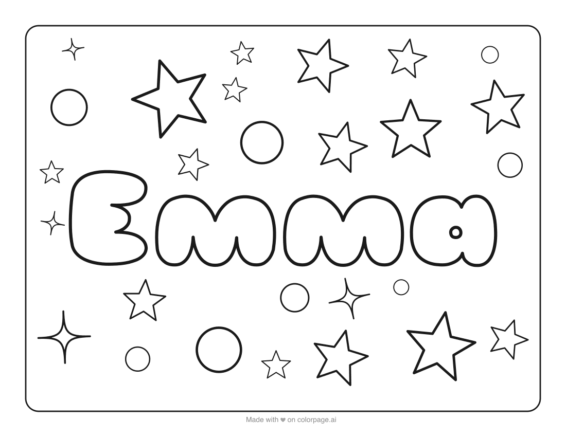 Name coloring page for the name Emma: bubble letters with stars to color