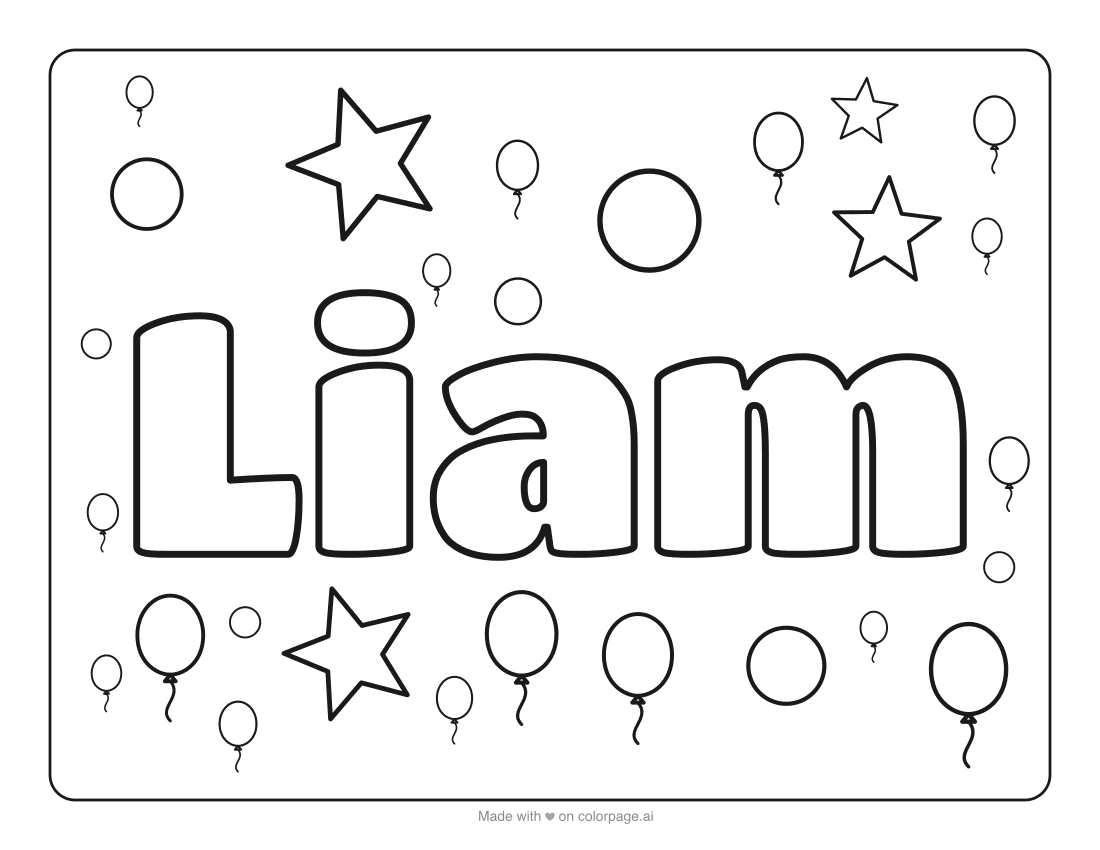 Name coloring page for the name Liam: chunky letters with balloons to color