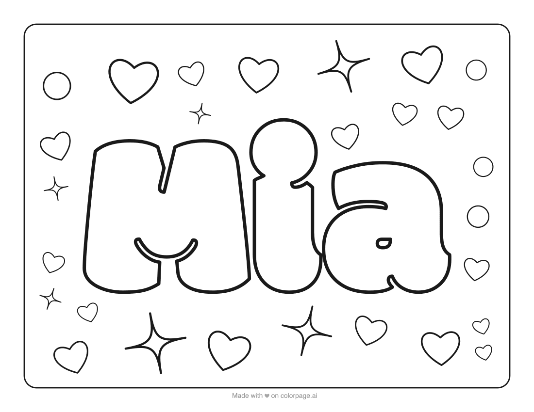 Name coloring page for the name Mia: puffy letters with hearts to color