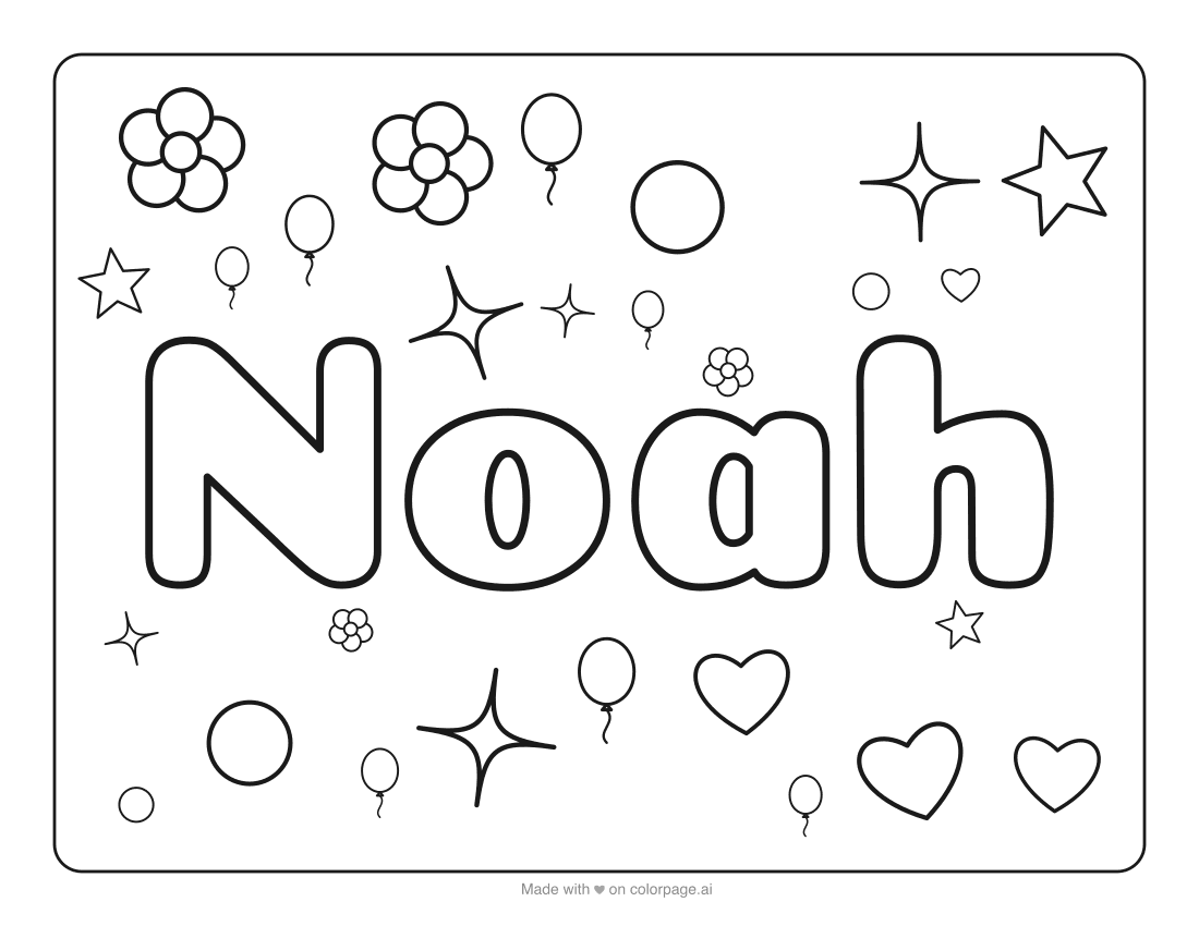 Name coloring page for the name Noah: round letters with a bit of everything to color