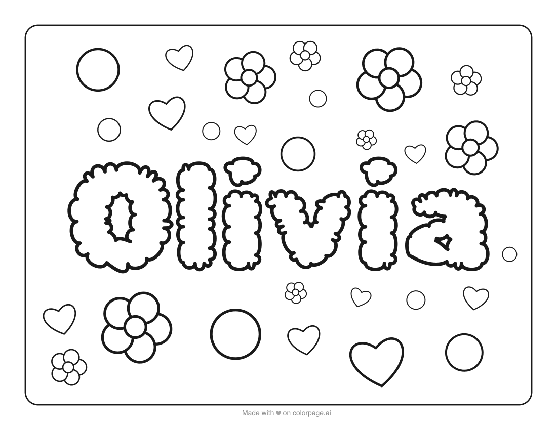 Name coloring page for the name Olivia: cloud letters with flowers to color