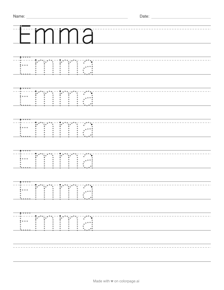 Arbeitsblatt zum Nachspuren des Namens Emma mit gepunkteten Buchstaben und Schreiblinien