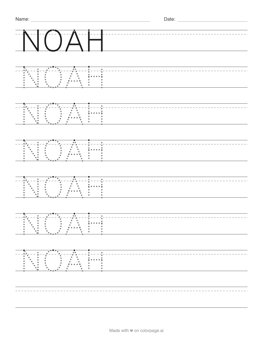 Arbeitsblatt zum Nachspuren des Namens NOAH in gepunkteten Großbuchstaben