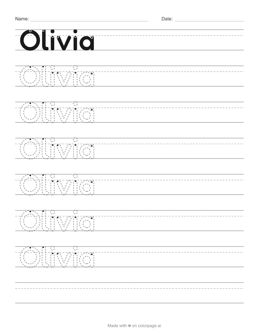 Arbeitsblatt zum Nachspuren des Namens Olivia mit gestrichelten Buchstabenumrissen