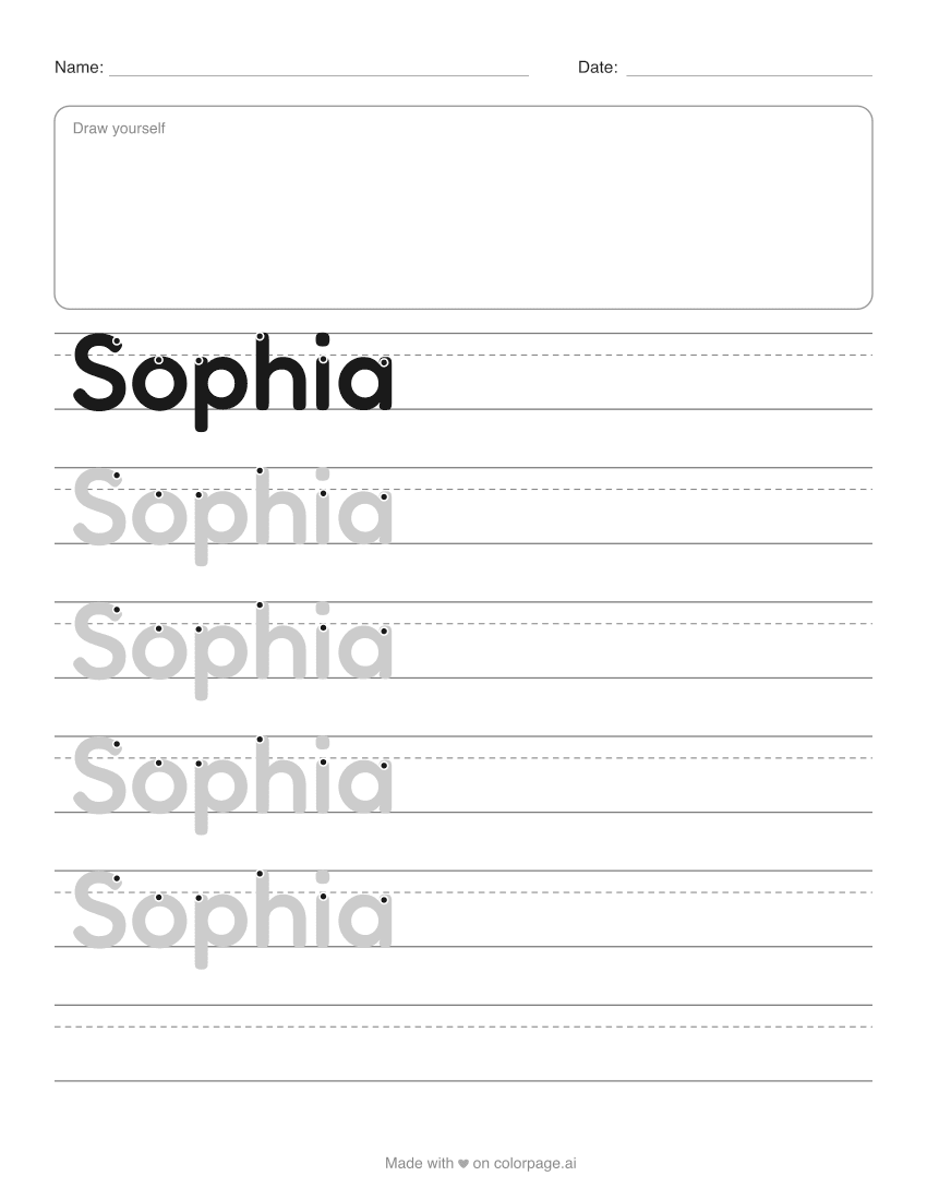 Arbeitsblatt zum Nachspuren des Namens Sophia mit einem Feld zum Selbst-Malen und grauen runden Buchstaben