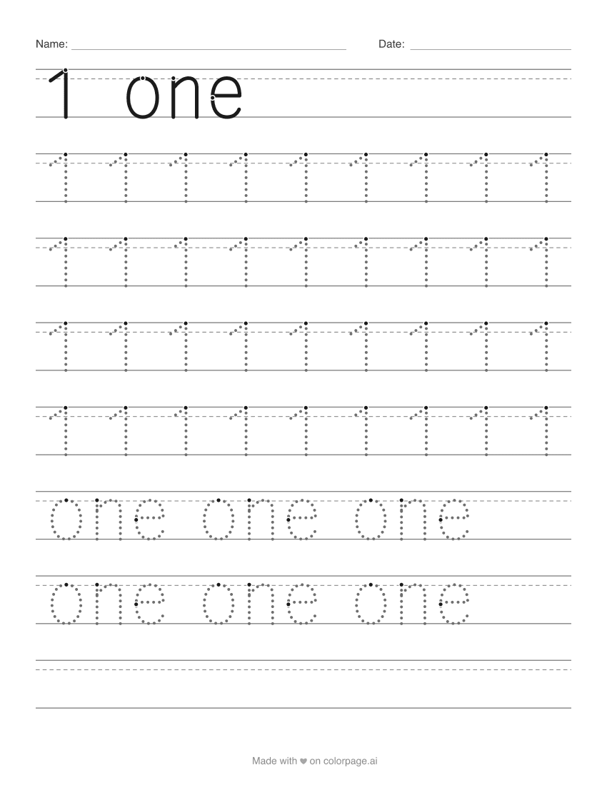 Number 1 tracing worksheet with dotted numbers and the word one on handwriting lines