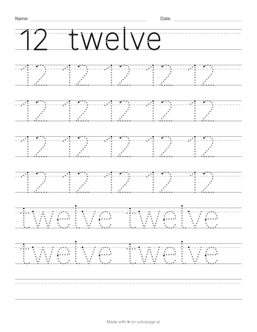 Number 12 tracing worksheet with dotted numbers and the word twelve
