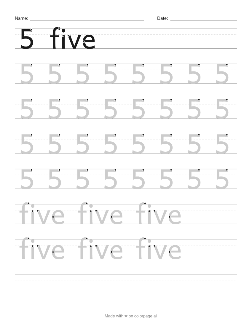 Number 5 tracing worksheet with grey numbers and the word five to trace