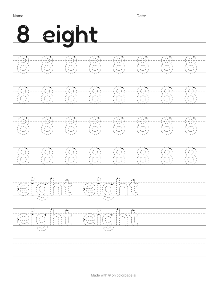 Number 8 tracing worksheet with dashed outline numbers and the word eight